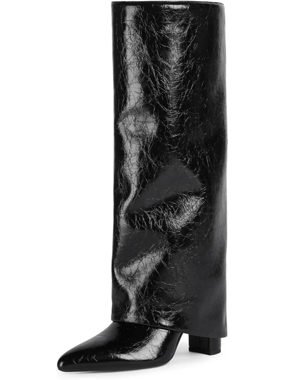 Women's Black Pointed Toe Chunky Heel Faux Leather Over The Knee Boots